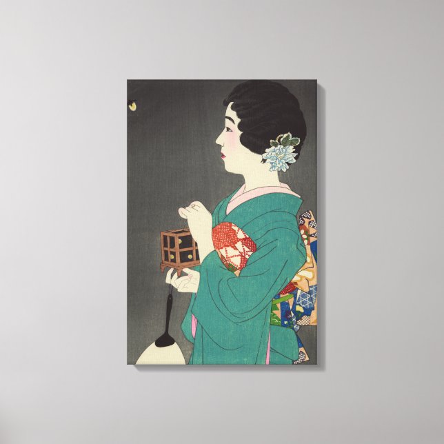 Japanese Lady holding firefly Cage Canvas Print (Front)