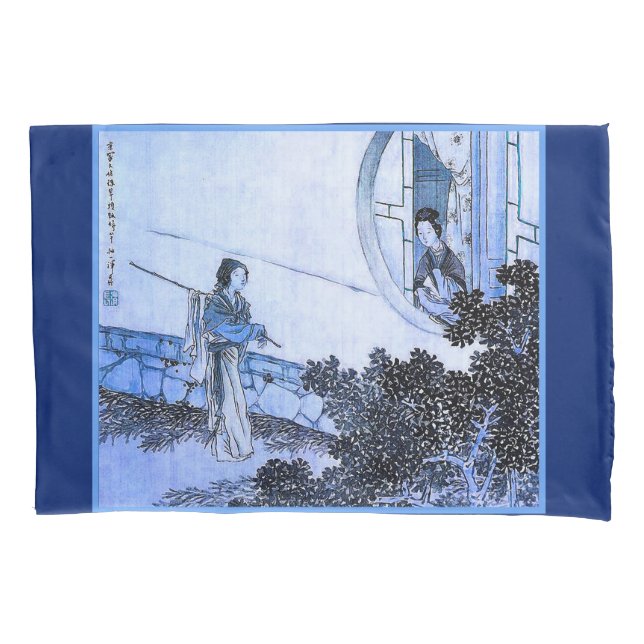Japanese lady in kimono at moongate window pillow case (Front)