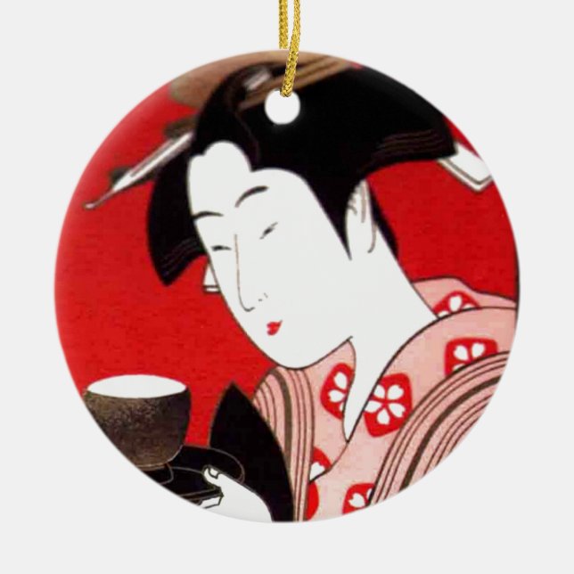 Japanese Lady Tea Serving Ceremony Art Print Ceramic Ornament (Front)