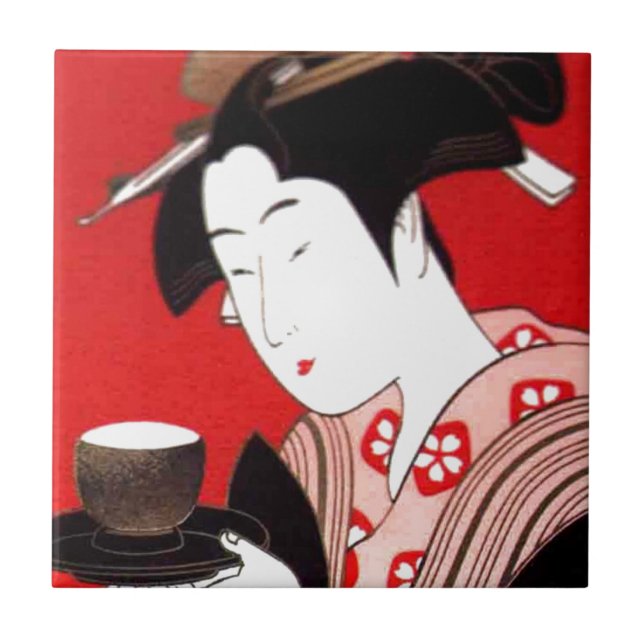 Japanese Lady Tea Serving Ceremony Art Print Ceramic Tile (Front)