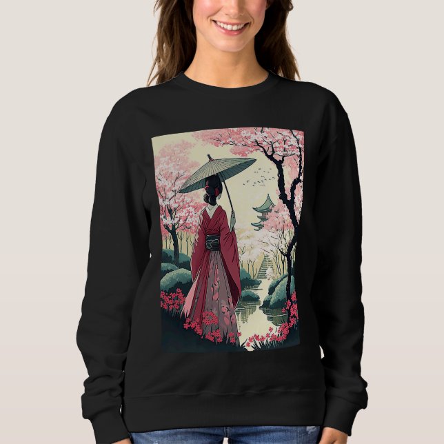 Japanese Lady with Umbrella Pagoda cherry Blossom  Sweatshirt (Front)