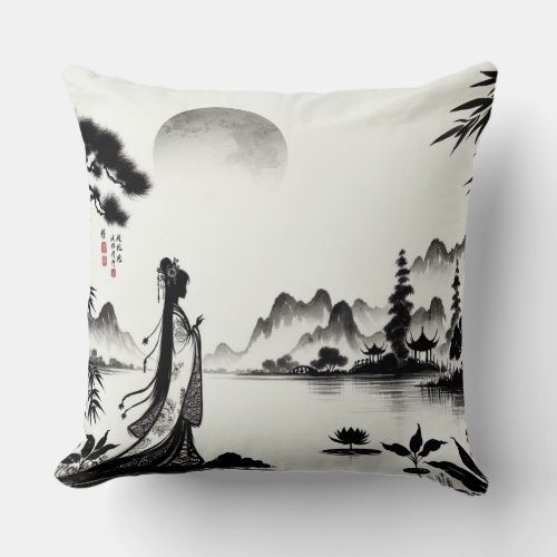 Japanese Lakeside Sunset in Black and White Throw Pillow