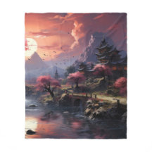 Japanese Landscape Art Fleece Blanket