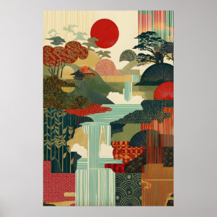 Japanese Landscape Art Print Red Sun, Waterfall