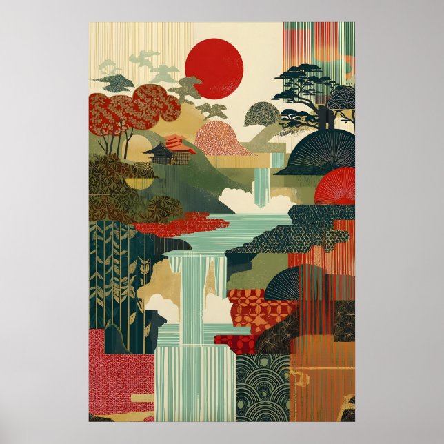 Japanese Landscape Art Print Red Sun, Waterfall (Front)