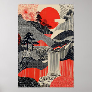 Japanese Landscape Art Print Red Sun Waterfall