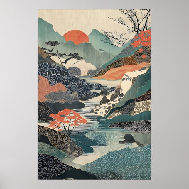 Japanese Landscape Art Print Waterfall, Red Sun (Front)