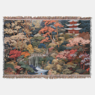 Japanese Landscape Art: Waterfall and Village Throw Blanket