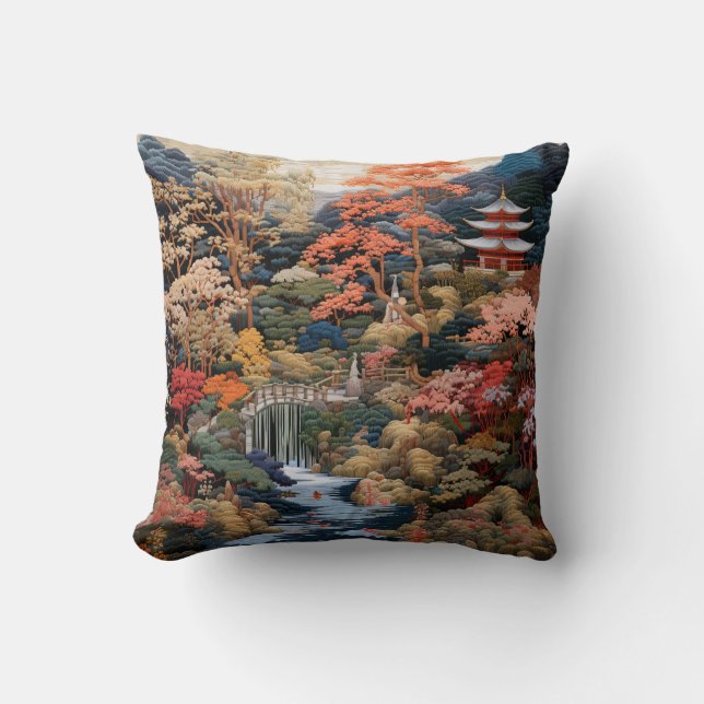 Japanese Landscape Art: Waterfall and Village Throw Pillow (Front)