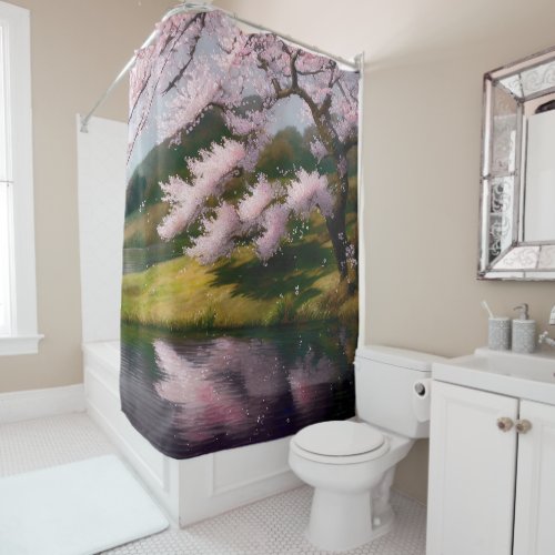 Japanese Landscape Cherry Blossom Tree Shower Curtain