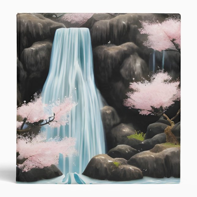 Japanese Landscape Cherry Blossoms And Waterfall 3 Ring Binder (Front)