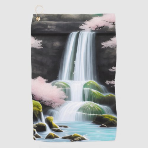 Japanese Landscape Cherry Blossoms And Waterfall Golf Towel