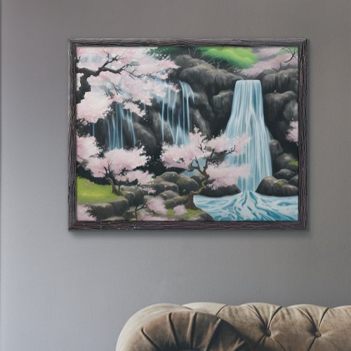 Japanese Landscape Cherry Blossoms And Waterfall Poster