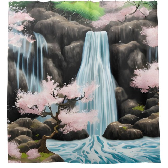 Japanese Landscape Cherry Blossoms And Waterfall Shower Curtain (Front)