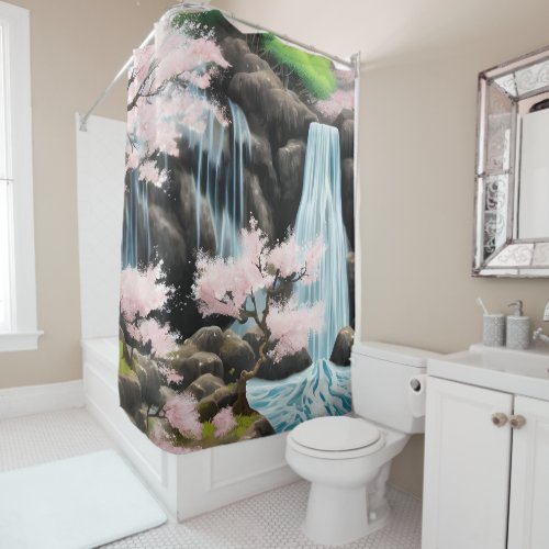 Japanese Landscape Cherry Blossoms And Waterfall Shower Curtain