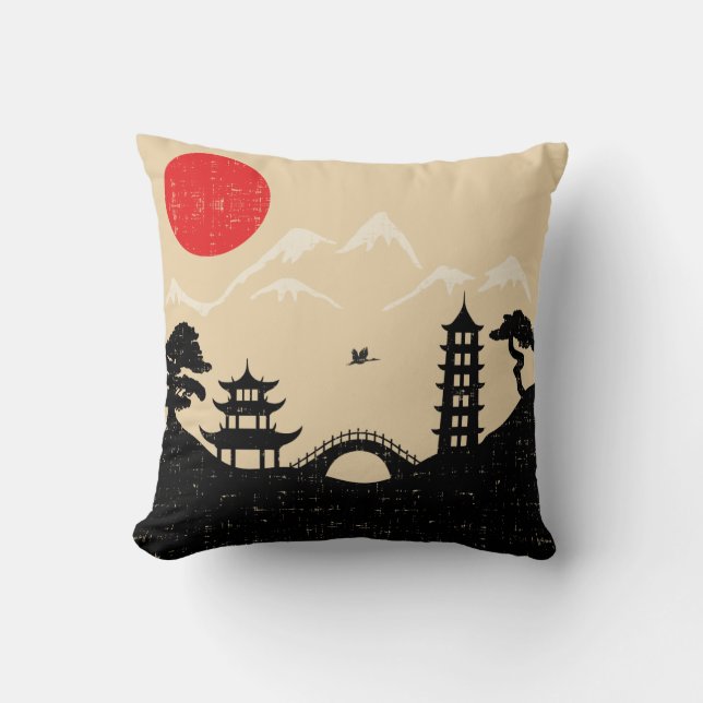 Japanese Landscape - Grunge Style Throw Pillow (Front)