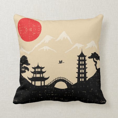 Japanese Landscape - Grunge Style Throw Pillow
