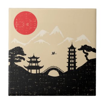 Japanese Landscape - Grunge Style Tile by GiftStation at Zazzle