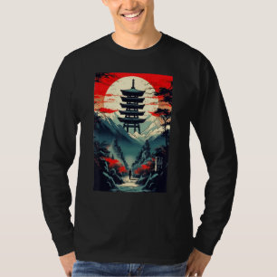 Japanese Landscape Mountains Valley Tower Sunset T-Shirt