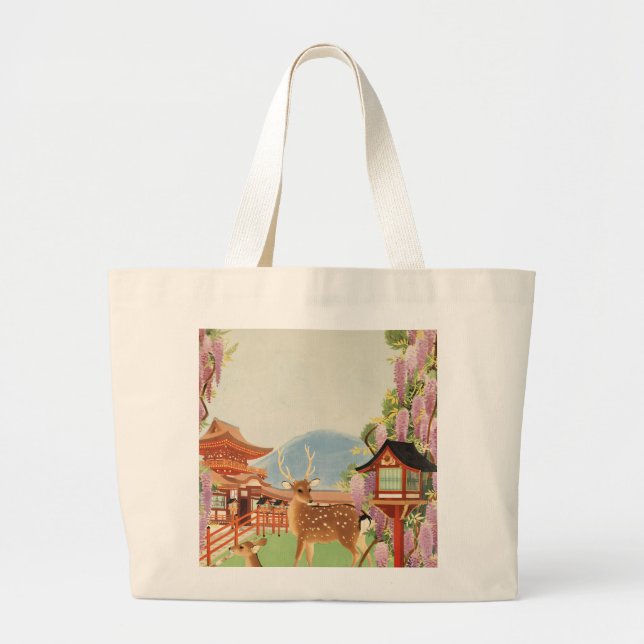JAPANESE Landscape | sacred deer of Nara |  temple Large Tote Bag (Front)