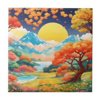 Japanese landscape with mountains ceramic tile