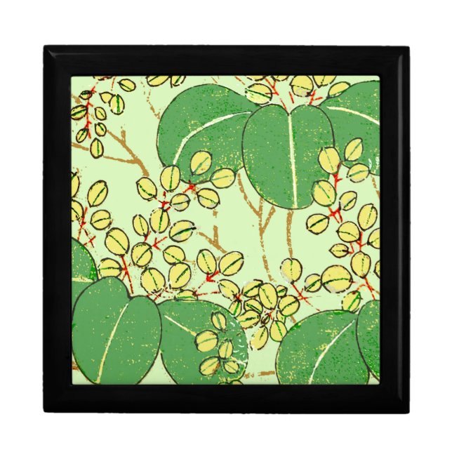 Japanese Leaf Floral Botanical Art Pattern Jewelry Box (Front)