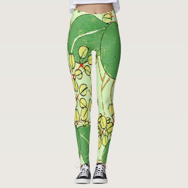 Japanese Leaf Floral Botanical Art Pattern Leggings (Front)