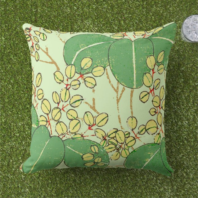 Japanese Leaf Floral Botanical Art Pattern Outdoor Pillow (Grass)