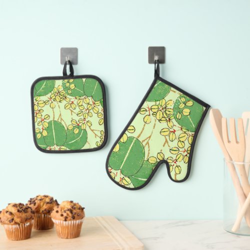 Japanese Leaf Floral Botanical Art Pattern Oven Mitt  Pot Holder Set