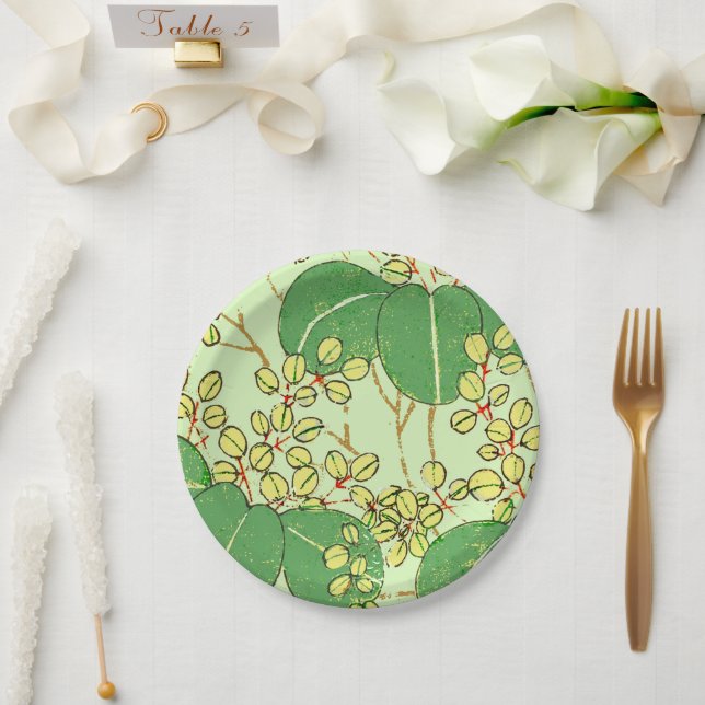 Japanese Leaf Floral Botanical Art Pattern Paper Plates (Wedding)