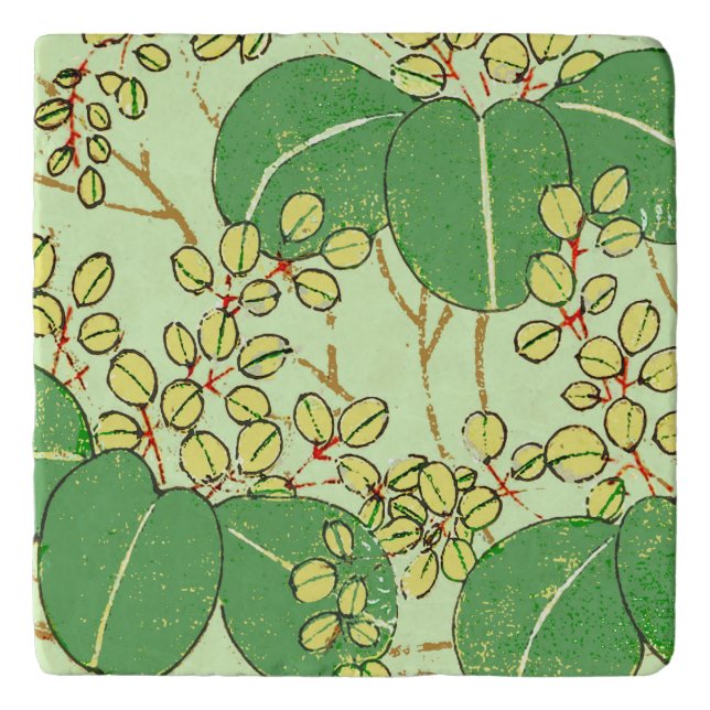 Japanese Leaf Floral Botanical Art Pattern Trivet (Front)