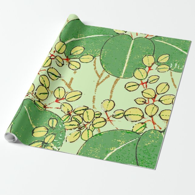 Japanese Leaf Floral Botanical Art Pattern Wrapping Paper (Unrolled)