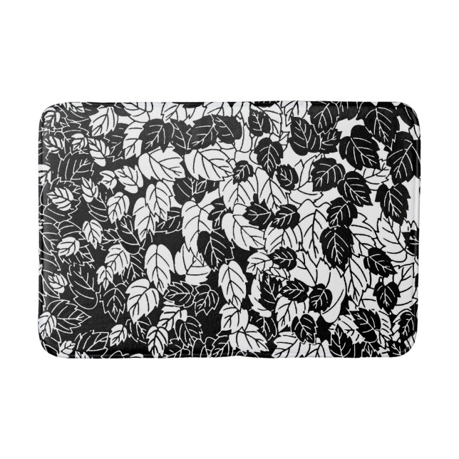 Japanese Leaf Print, Black and White Bathroom Mat (Front)