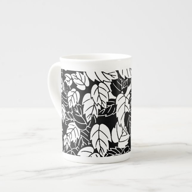 Japanese Leaf Print, Black and White Bone China Mug (Front Left)