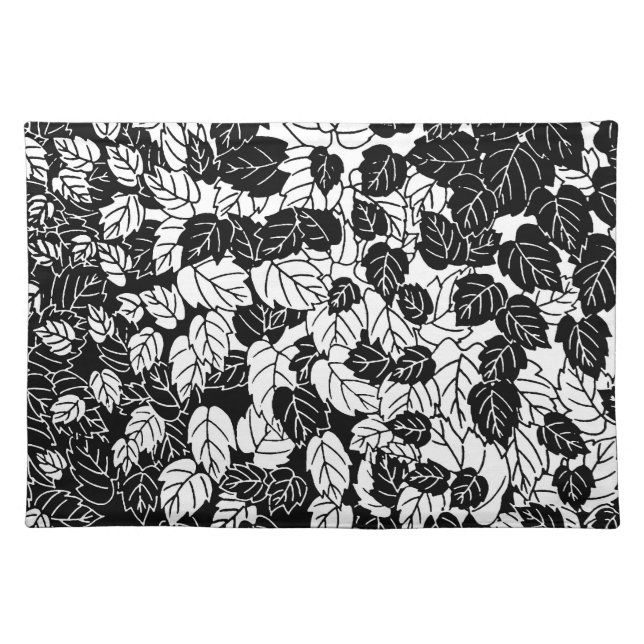 Japanese Leaf Print, Black and White Cloth Placemat (Front)