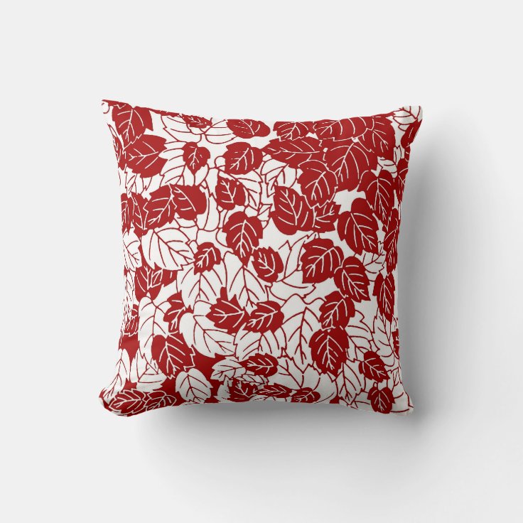 Japanese Leaf Print, Dark Red and White Throw Pillow Zazzle