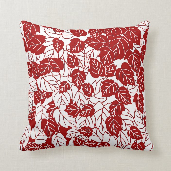 Japanese Leaf Print, Dark Red and White Throw Pillow