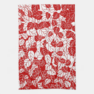 Japanese Leaf Print, Dark Red and White Towel