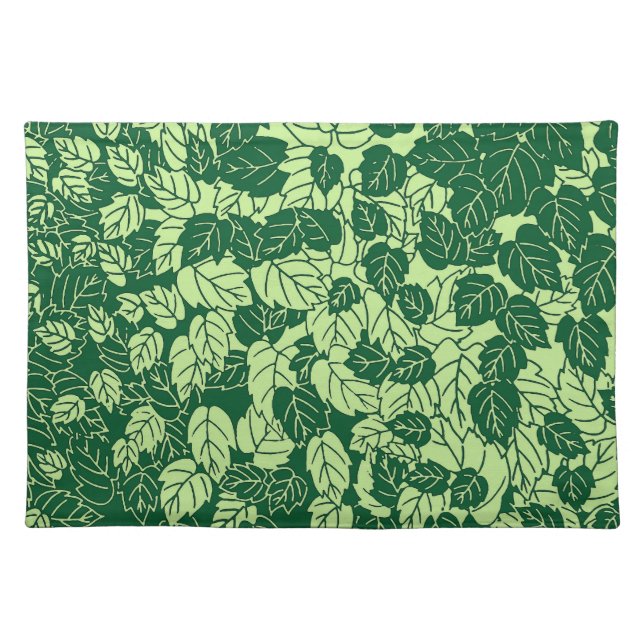 Japanese Leaf Print, Emerald and Lime Green Cloth Placemat (Front)