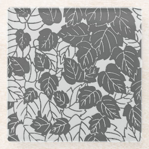 Japanese Leaf Print, Light and Dark Gray / Grey Glass Coaster