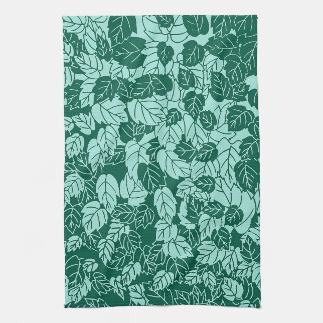 Japanese Leaf Print, Turquoise and Aqua Towel (Vertical)