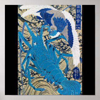 Japanese Lobster and Bird Painting c. 1800's Japan Poster