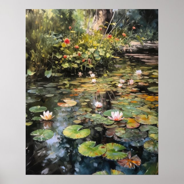 Japanese Lotus Flower Pond Art Print Poster (Front)