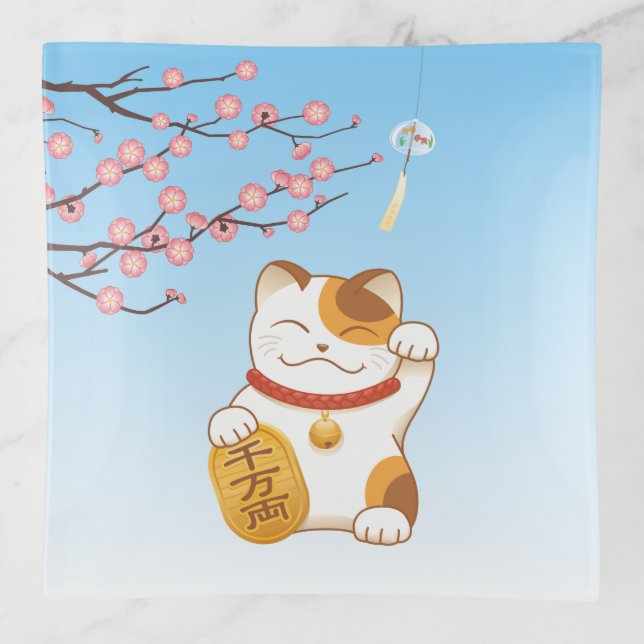 Japanese Lucky Calico Cat, Maneki Neko 2 Trinket Tray (Front)