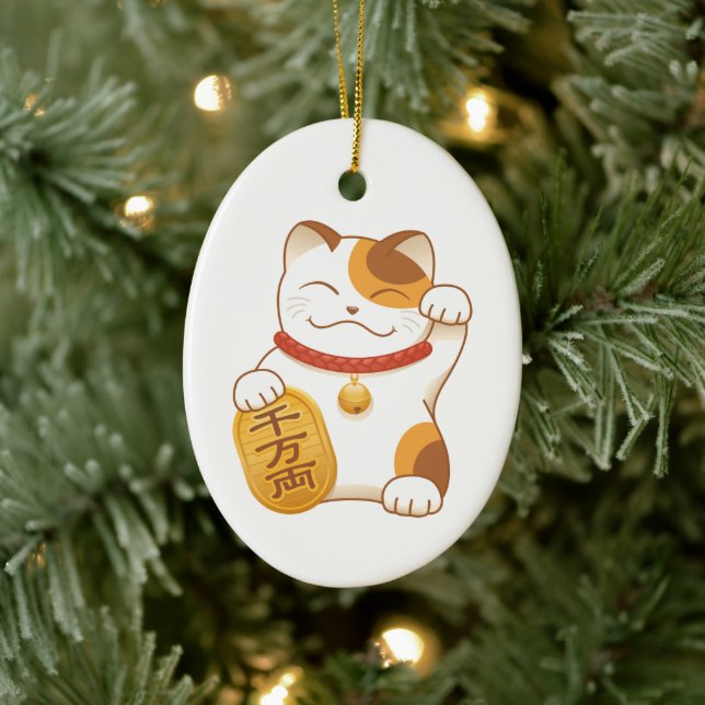 Japanese Lucky Calico Cat, Maneki Neko Ceramic Ornament (Tree)