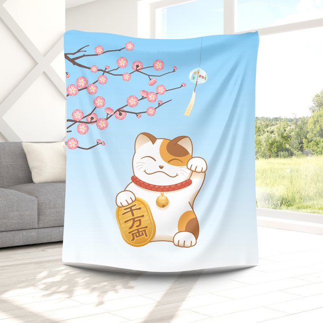 Japanese Lucky Calico Cat, Maneki Neko Fleece Blanket (Creator Uploaded)