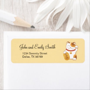 Japanese Lucky Calico Cat, Maneki Neko Label