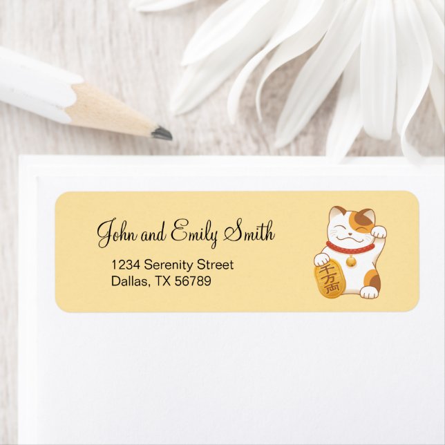 Japanese Lucky Calico Cat, Maneki Neko Label (Insitu)