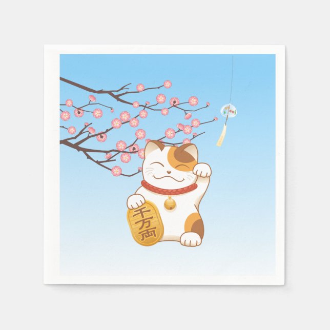 Japanese Lucky Calico Cat, Maneki Neko Napkins (Front)