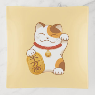 Japanese Lucky Calico Cat, Maneki Neko on Yellow Trinket Tray